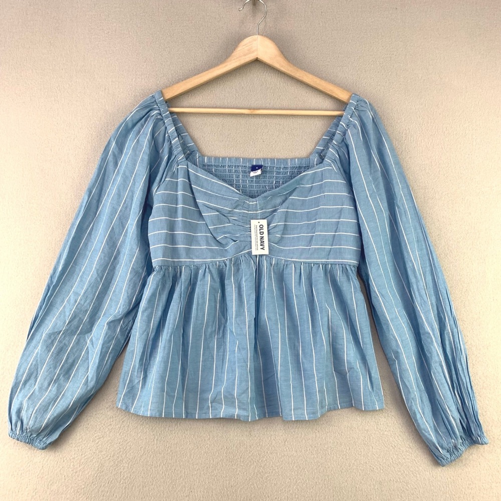 Old Navy Blouse Womens S Blue Striped NWT Babydoll Puff Sleeve Cotton Cottage